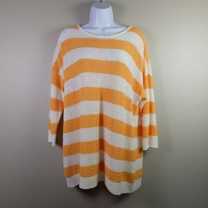 J Jill Apricot and White Striped Open Knit Sweater Size Large